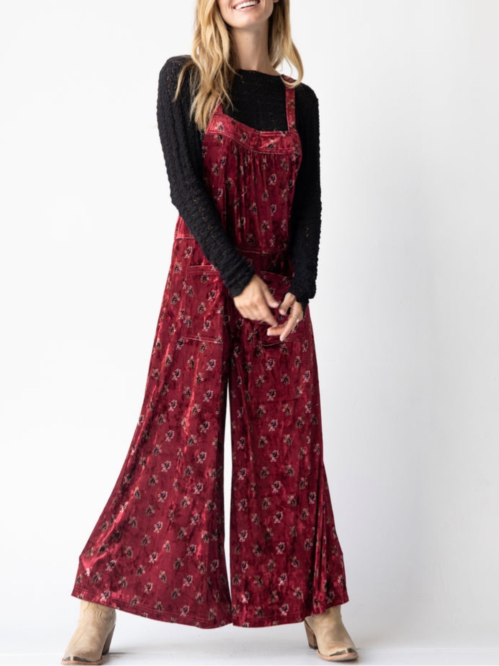 Natural Life Womens Dakota Tie Velvet Overalls Jumpsuit L Cranberry Floral Boho